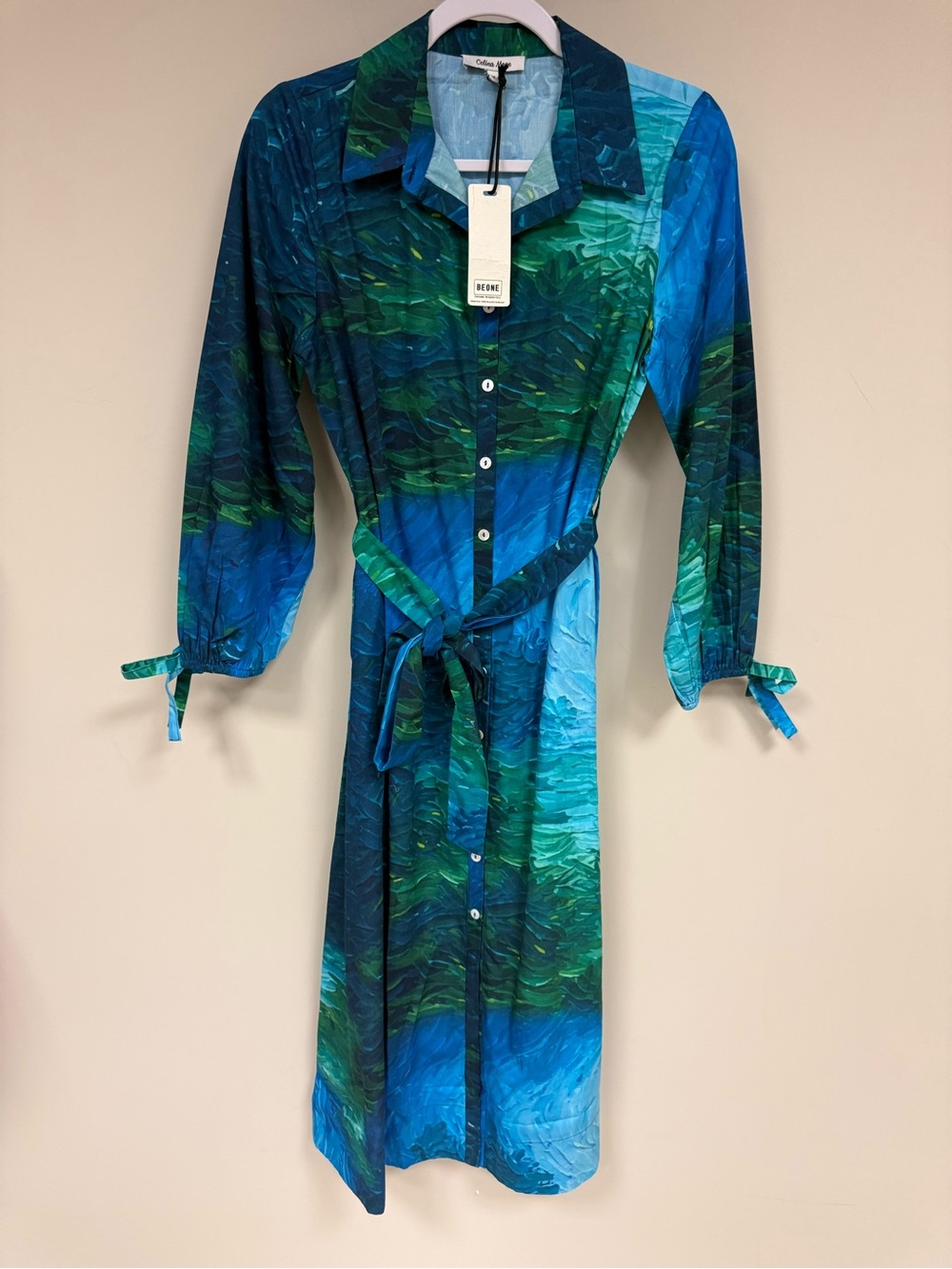 CELINA MOON Blue & Green Ocean Wave Shirt Dress Anthropologie NEW !